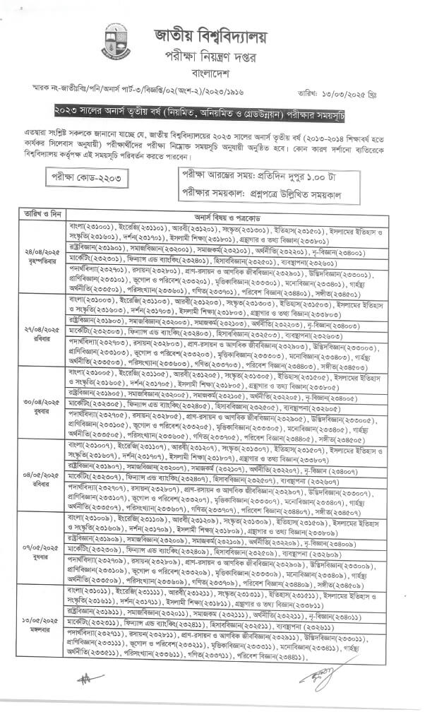 অনার্স ৩য় বর্ষের রুটিন 2025 Honours 3rd Year New Routine 1