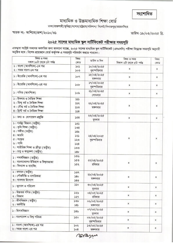 সংশোধিত এসএসসি পরীক্ষার রুটিন ২০২৫ SSC New Routine 2025