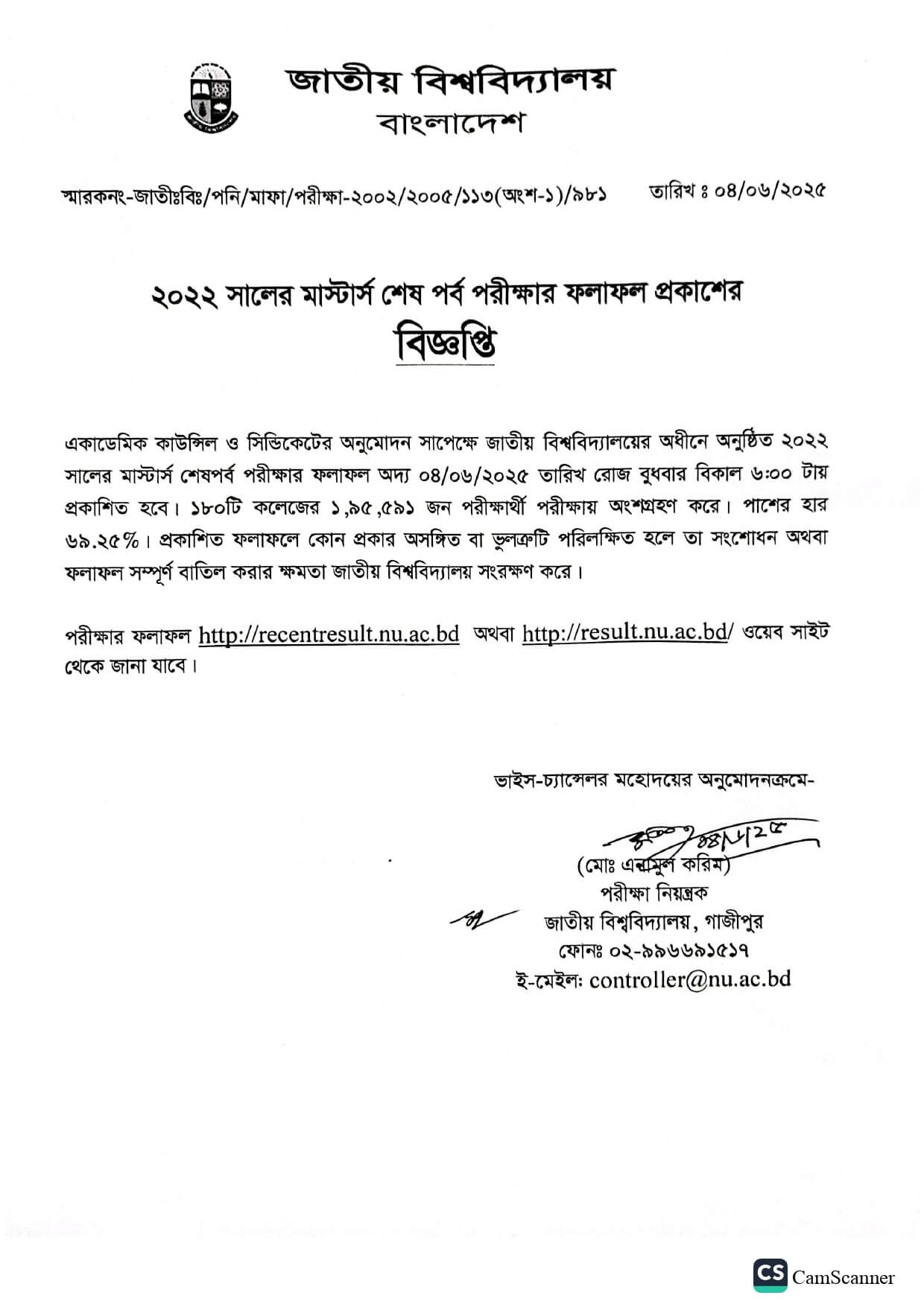 মাস্টার্স ফাইনাল রেজাল্ট প্রকাশ Masters Result 2025