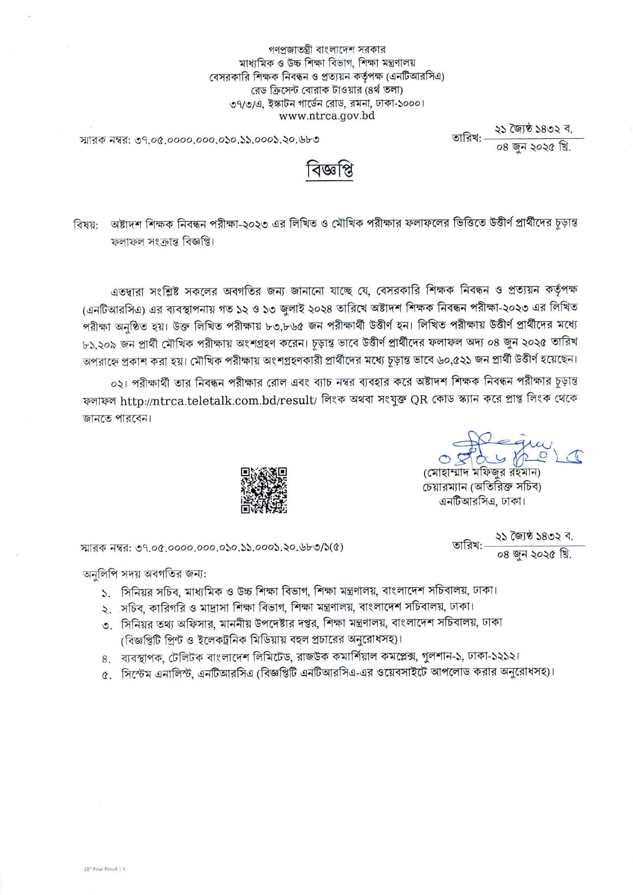 শিক্ষক নিবন্ধনের ফলাফল